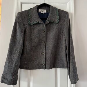 Vintage 90s Silk Cropped Blazer Jacket Fringe Collar Boxy Grandma Chic Large